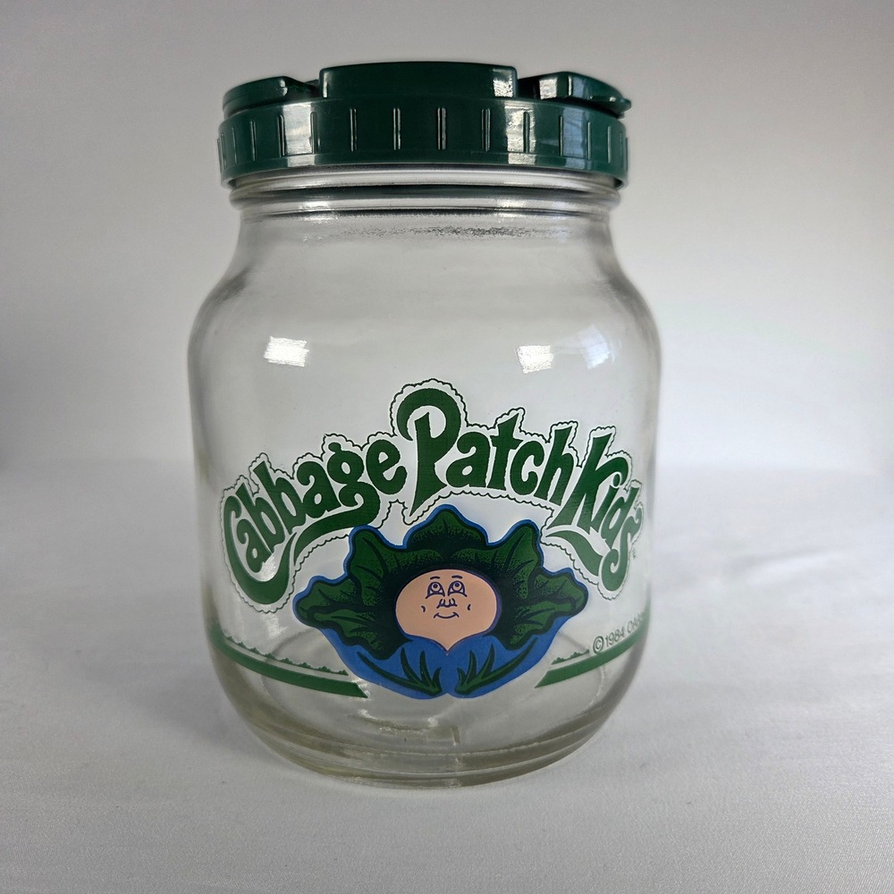Vintage 1984 Cabbage Patch Kids Glass Jar‎ w/Green Flip Top Lid 6 Inch Canister